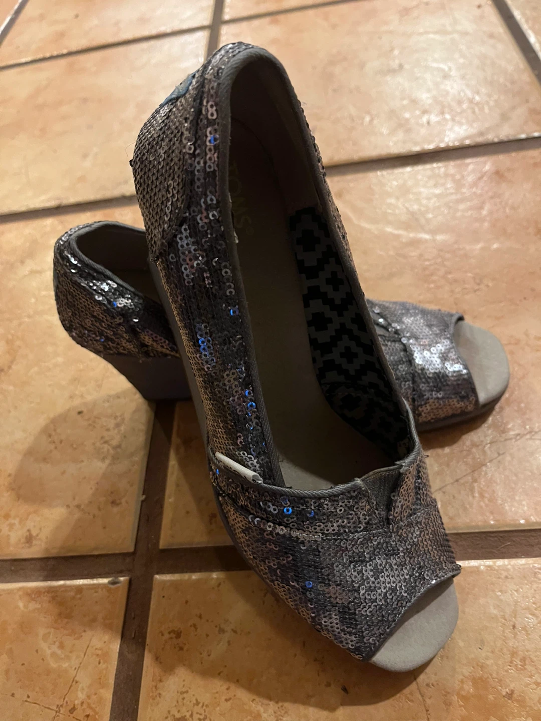 TOMS Silver Sequin Wedge Heels