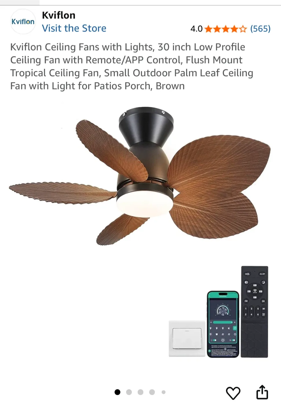Kviflon Ceiling Fan with Lights, 30 inch, Brown thumbnail