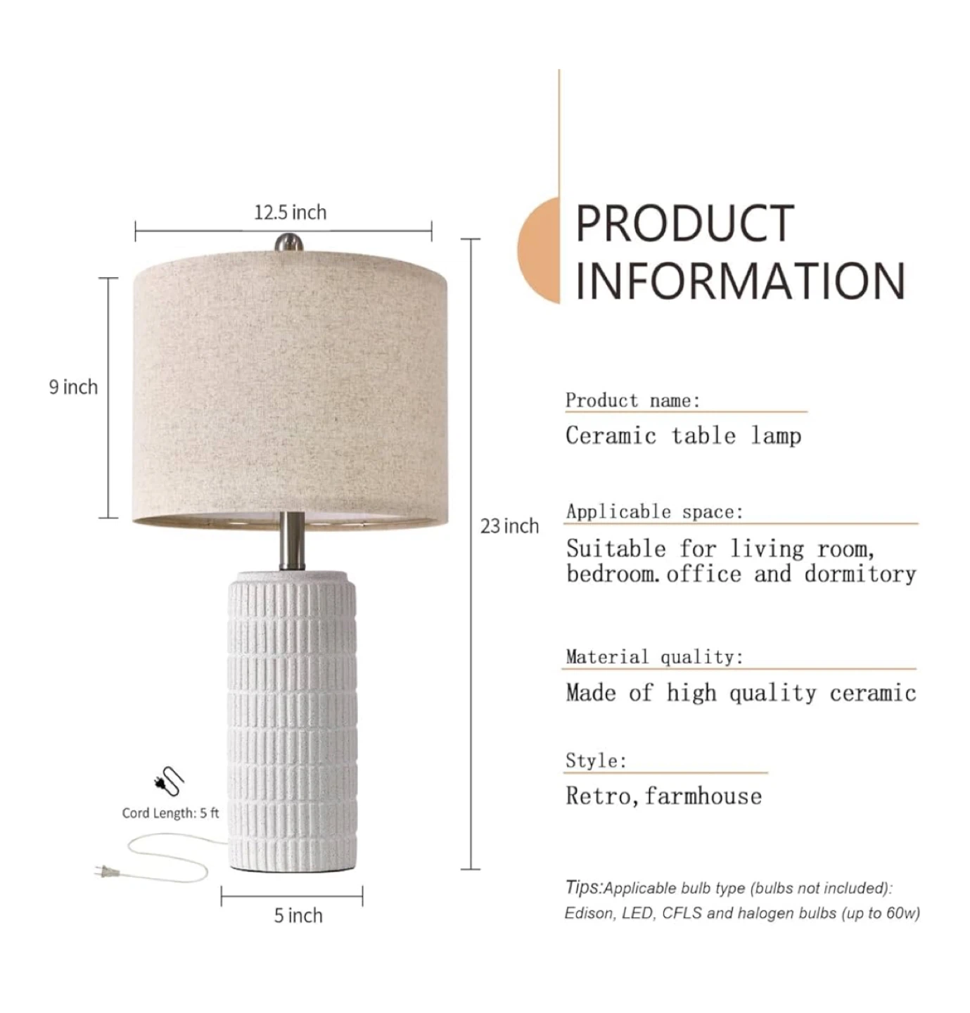 PoKat 23” table lamp white ceramic- NEW - photo 3