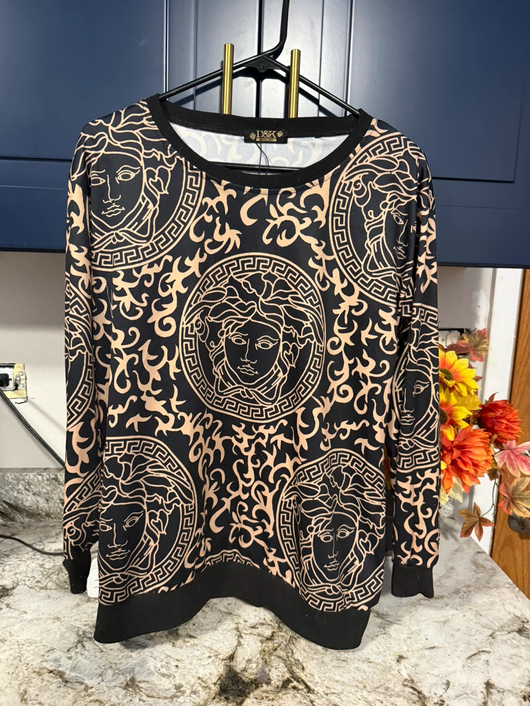 Versace Style Black & Gold Print Long Sleeve Shirt M