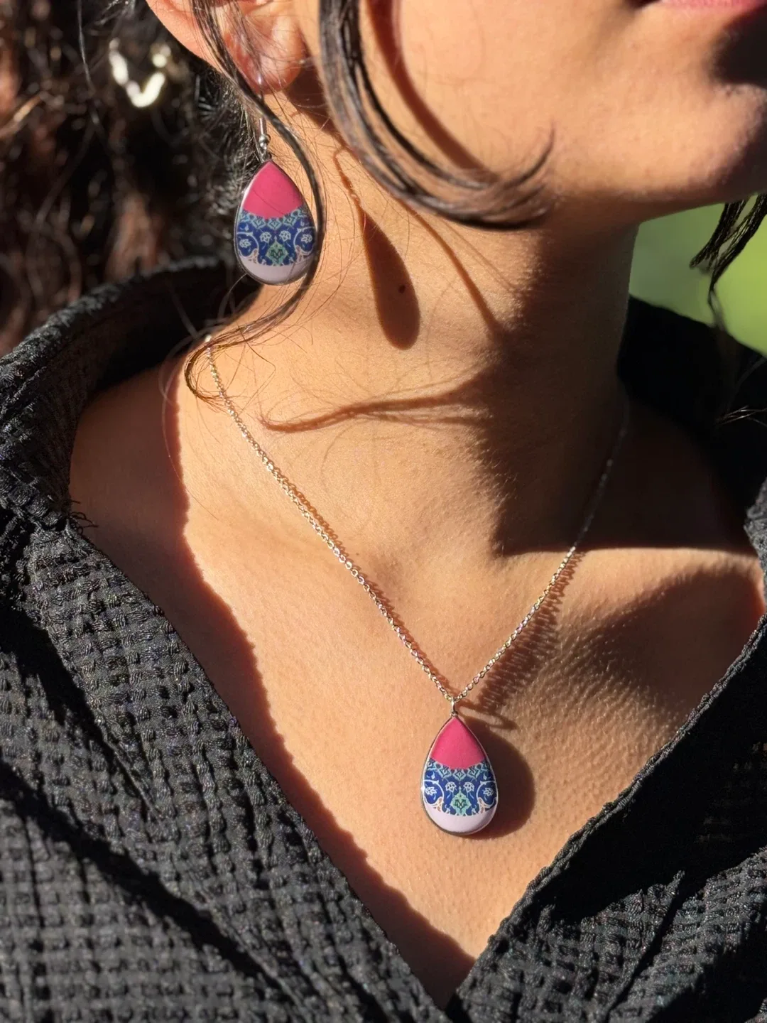 Necklace and Earrings Set - Pink & Blue thumbnail