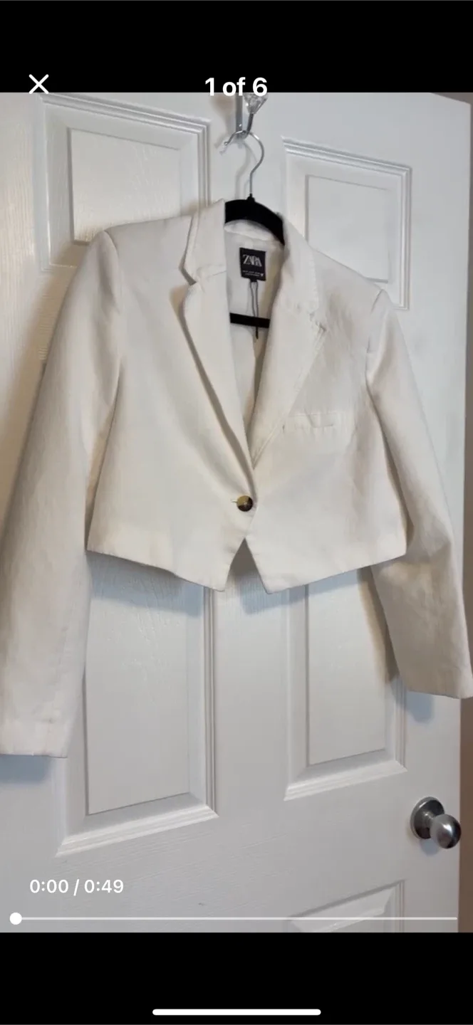 Zara White Cropped Blazer - Size M thumbnail