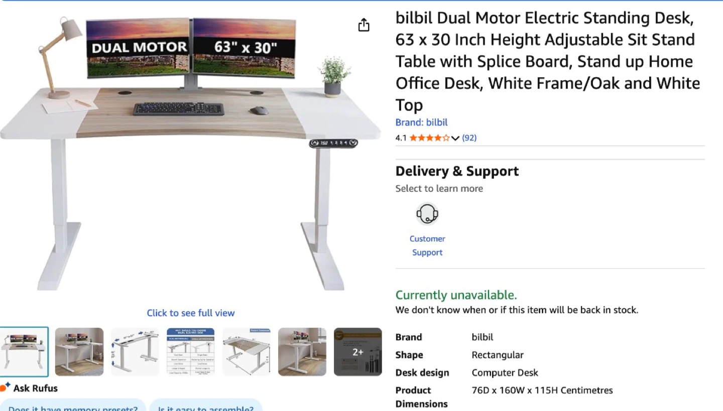 bilbil Dual Motor Electric Standing Desk 63x30