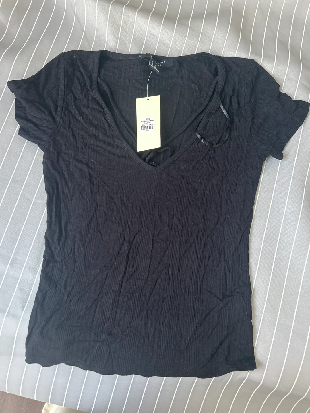 Lunar City Black Ribbed V-Neck Top - Size S