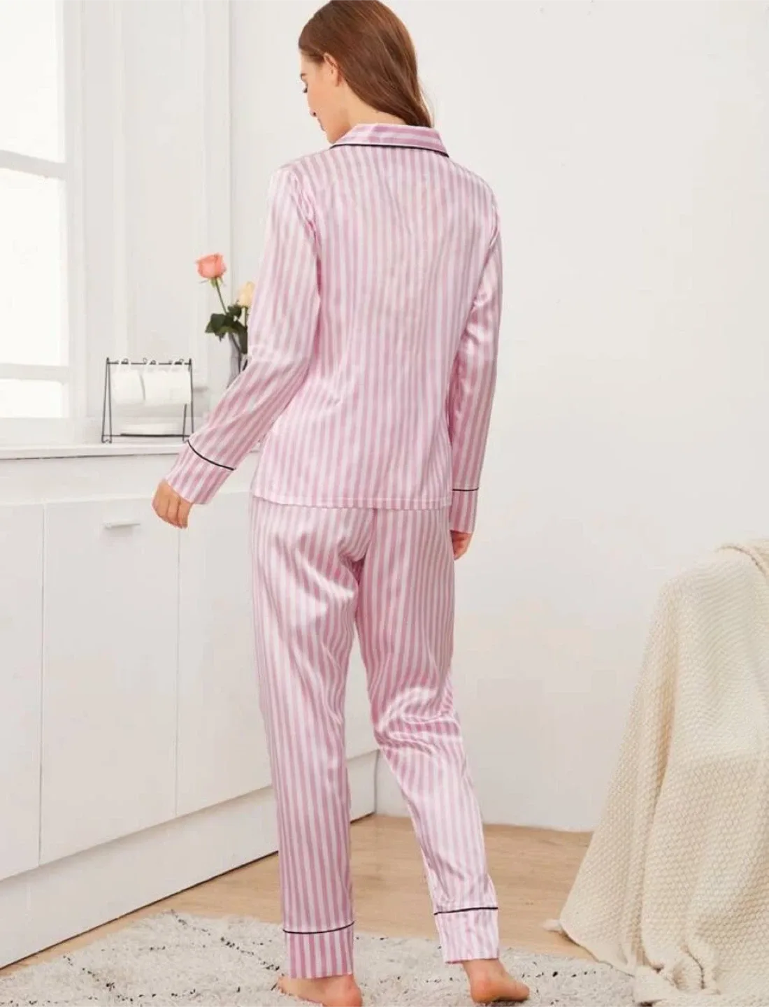 Pink Striped Satin Pajama Set, size L image indicator(5)