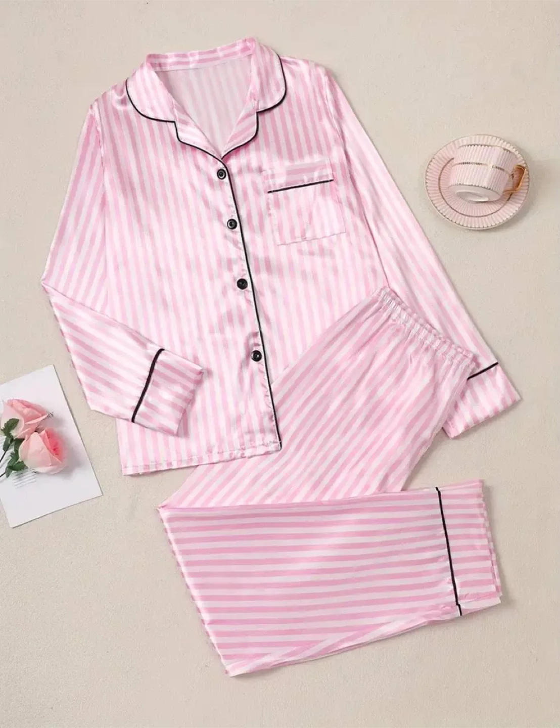 Pink Striped Satin Pajama Set, size L image indicator(4)