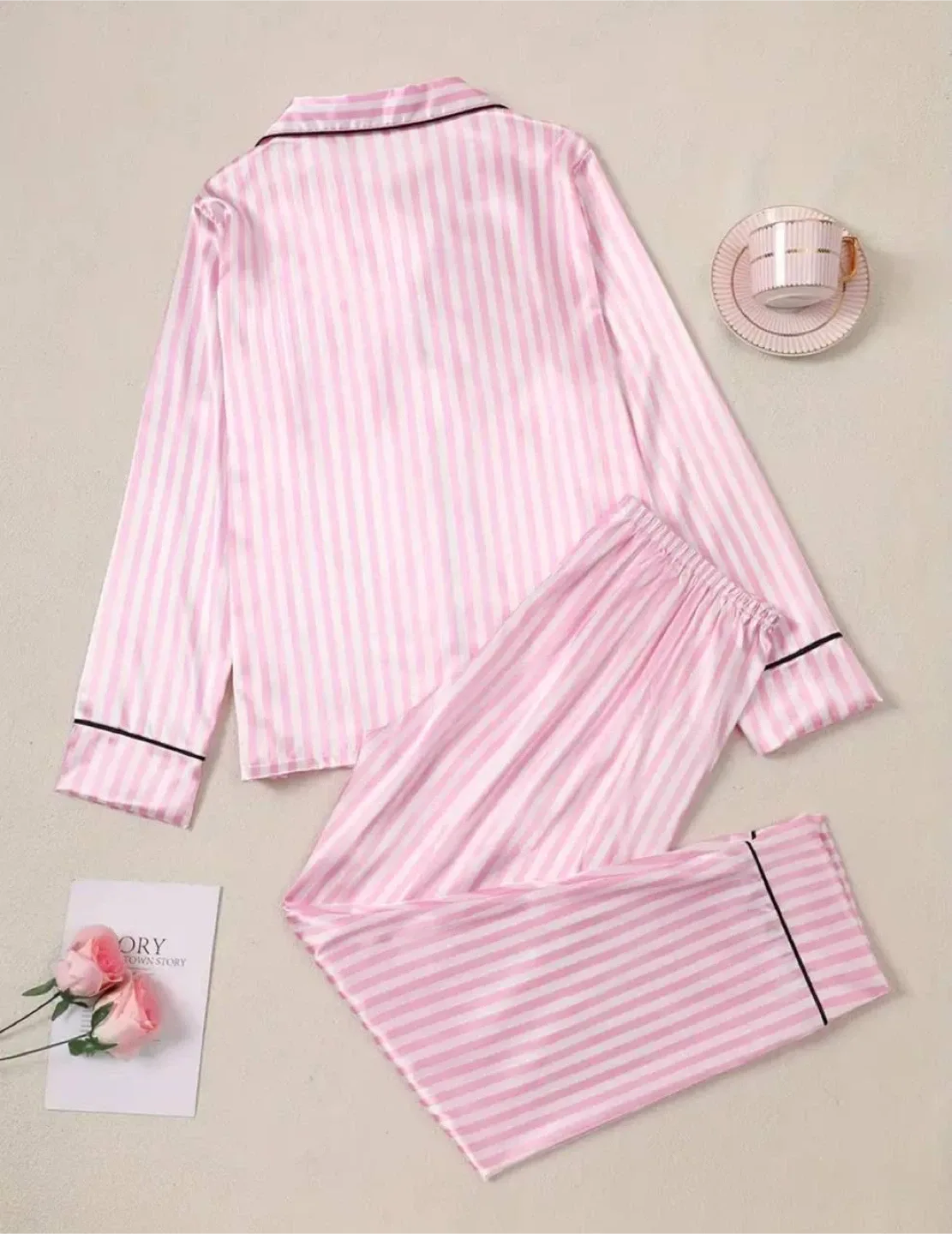 Pink Striped Satin Pajama Set, size L image indicator(3)