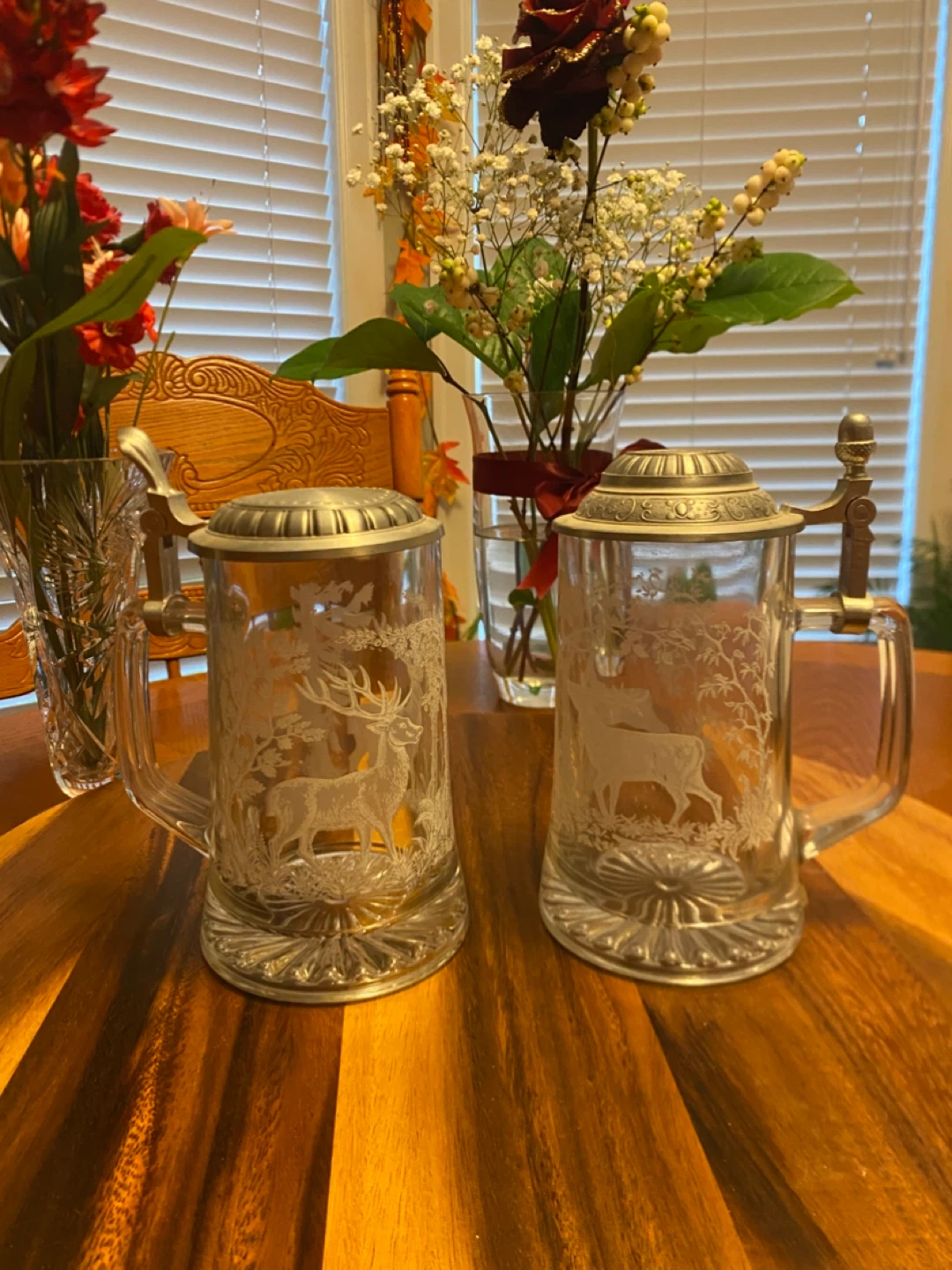Vintage Deer Etched Glass Beer Steins
