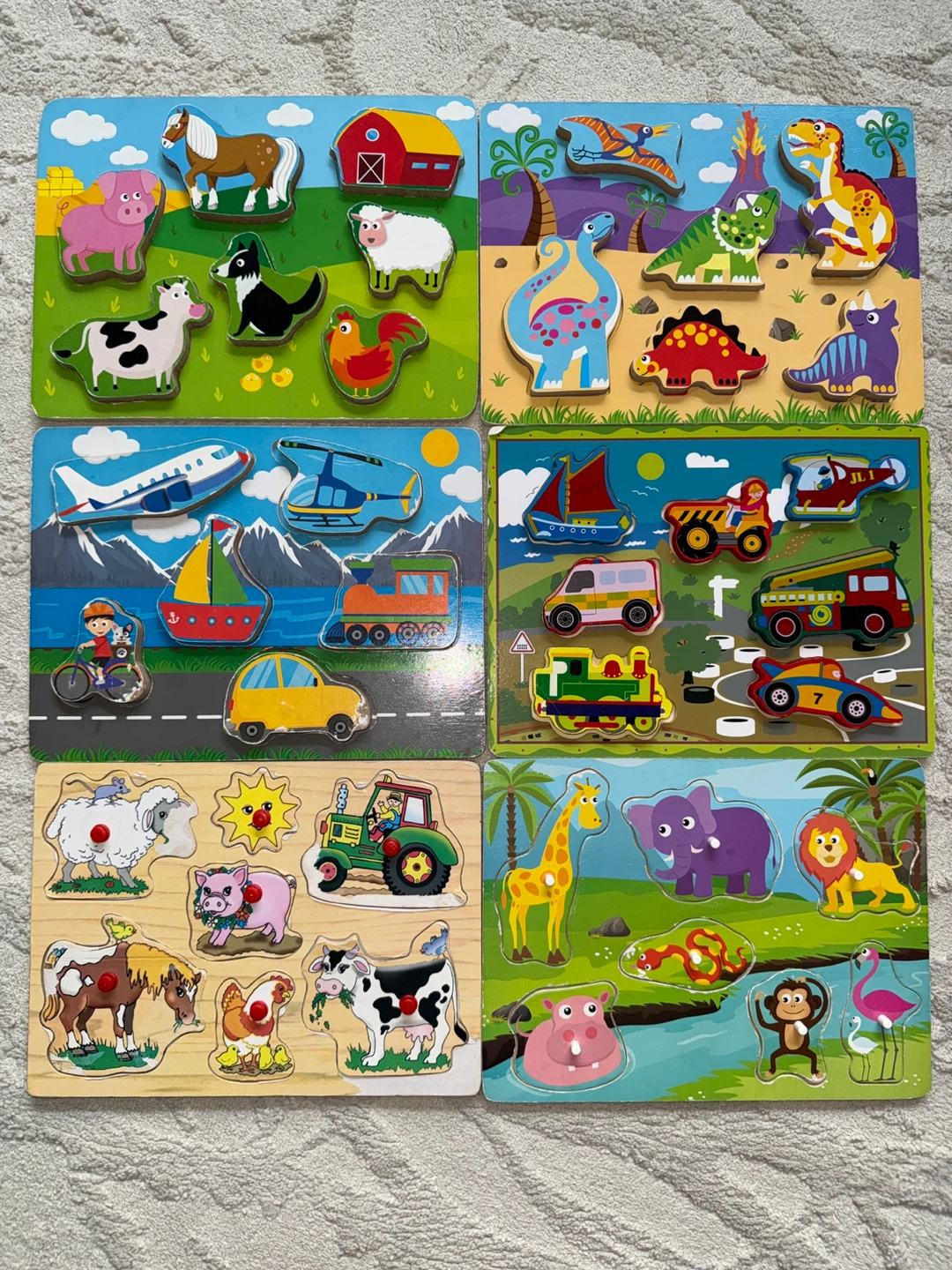 6 Wooden Peg Puzzles - Animals, Dinosaurs, Vehicles
