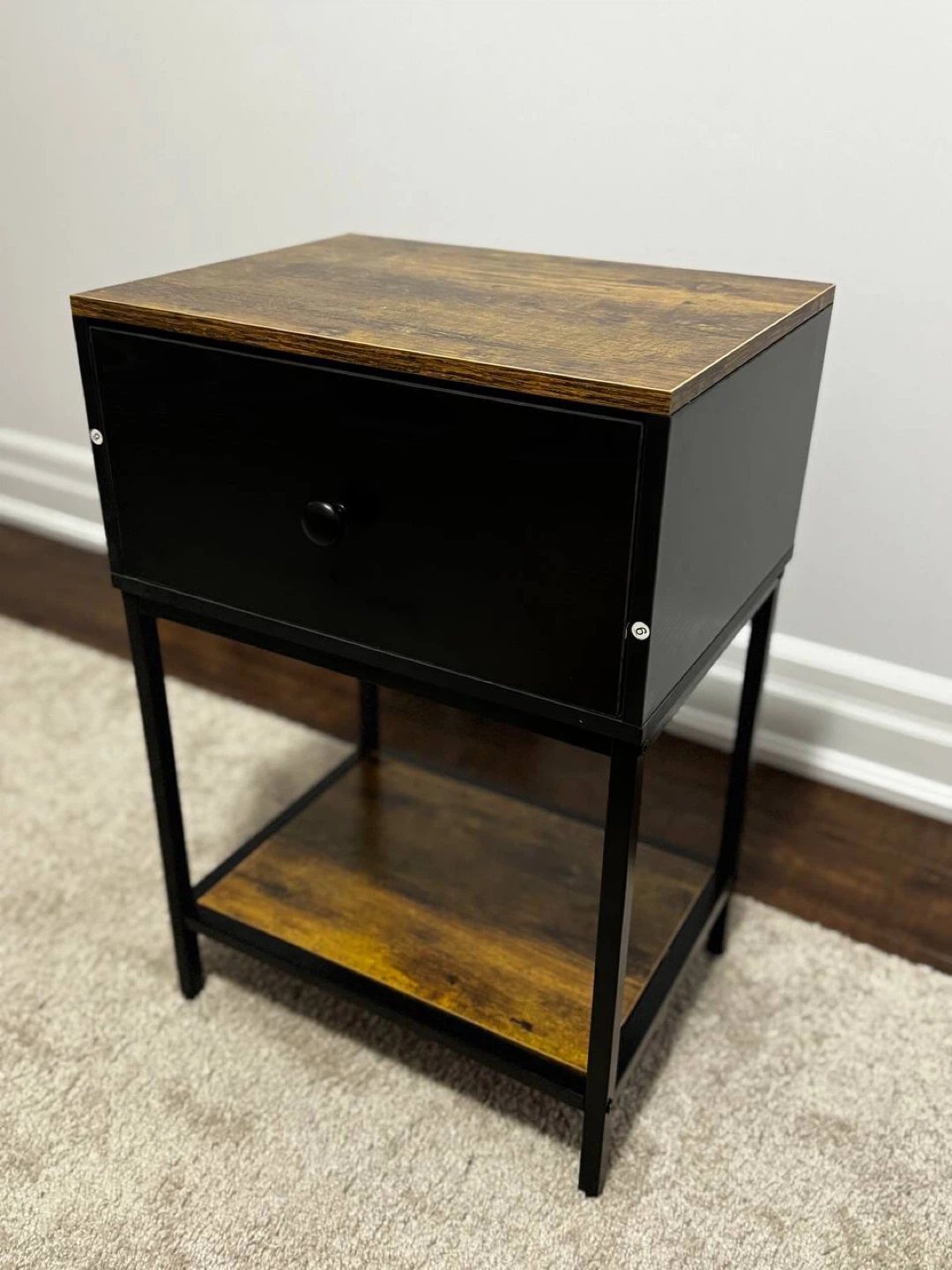 3-Tier Black Nightstand with Wood Drawer Storage – NEW