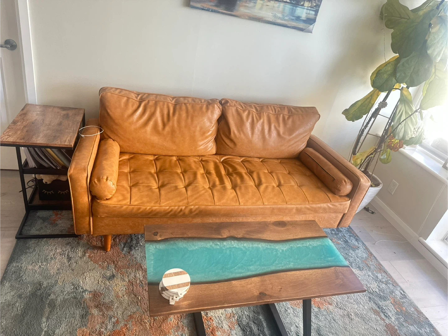 Tan Faux Leather Sofa