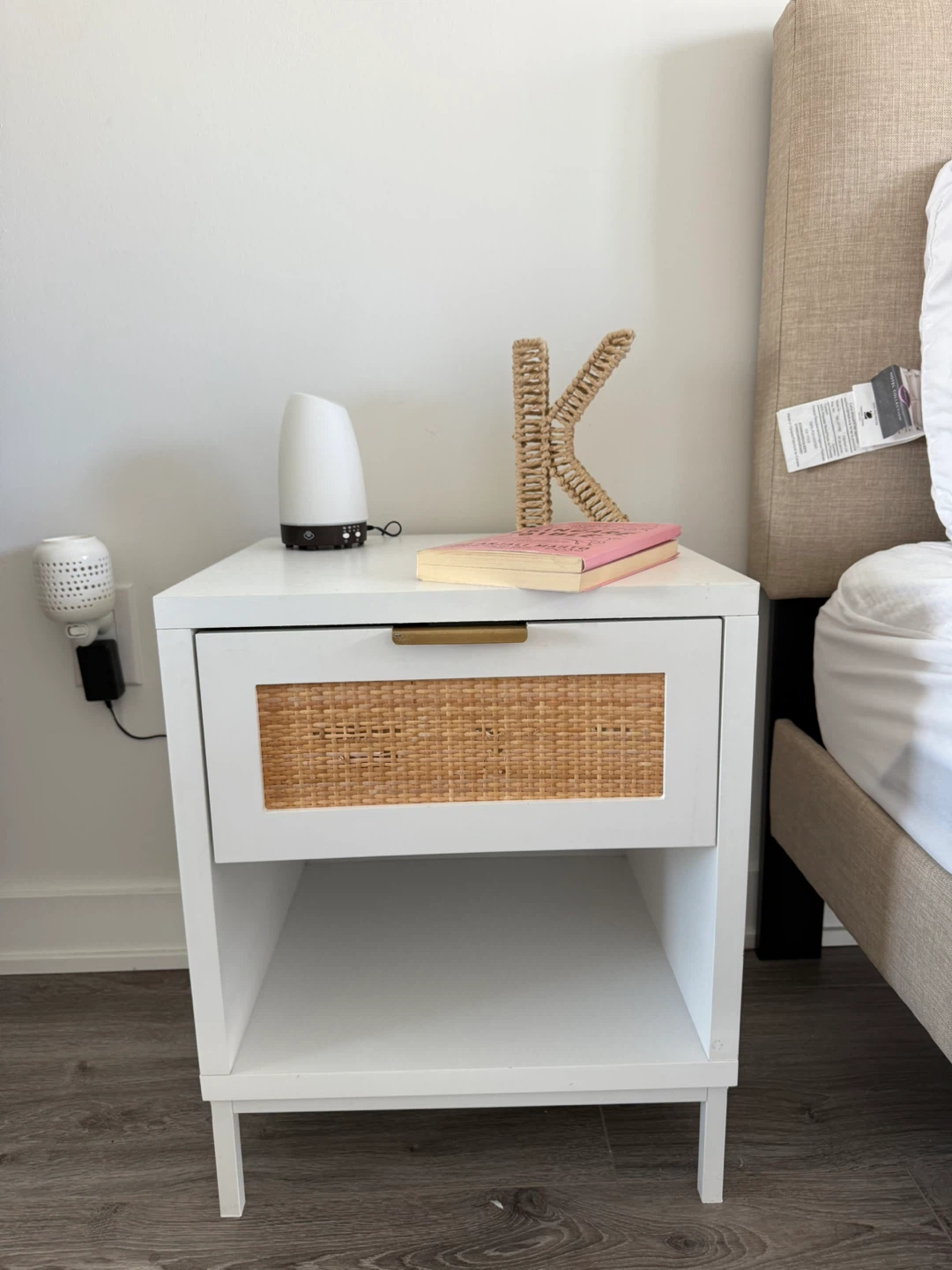 White Nightstand with Rattan Drawer