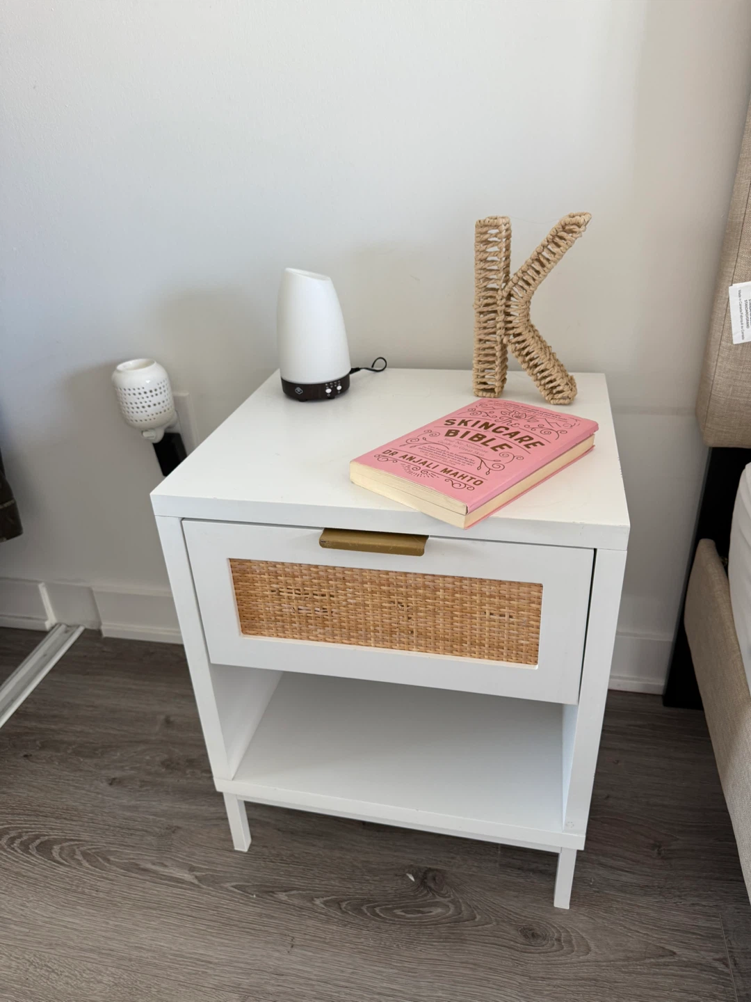 White Nightstand with Rattan Drawer - photo 2