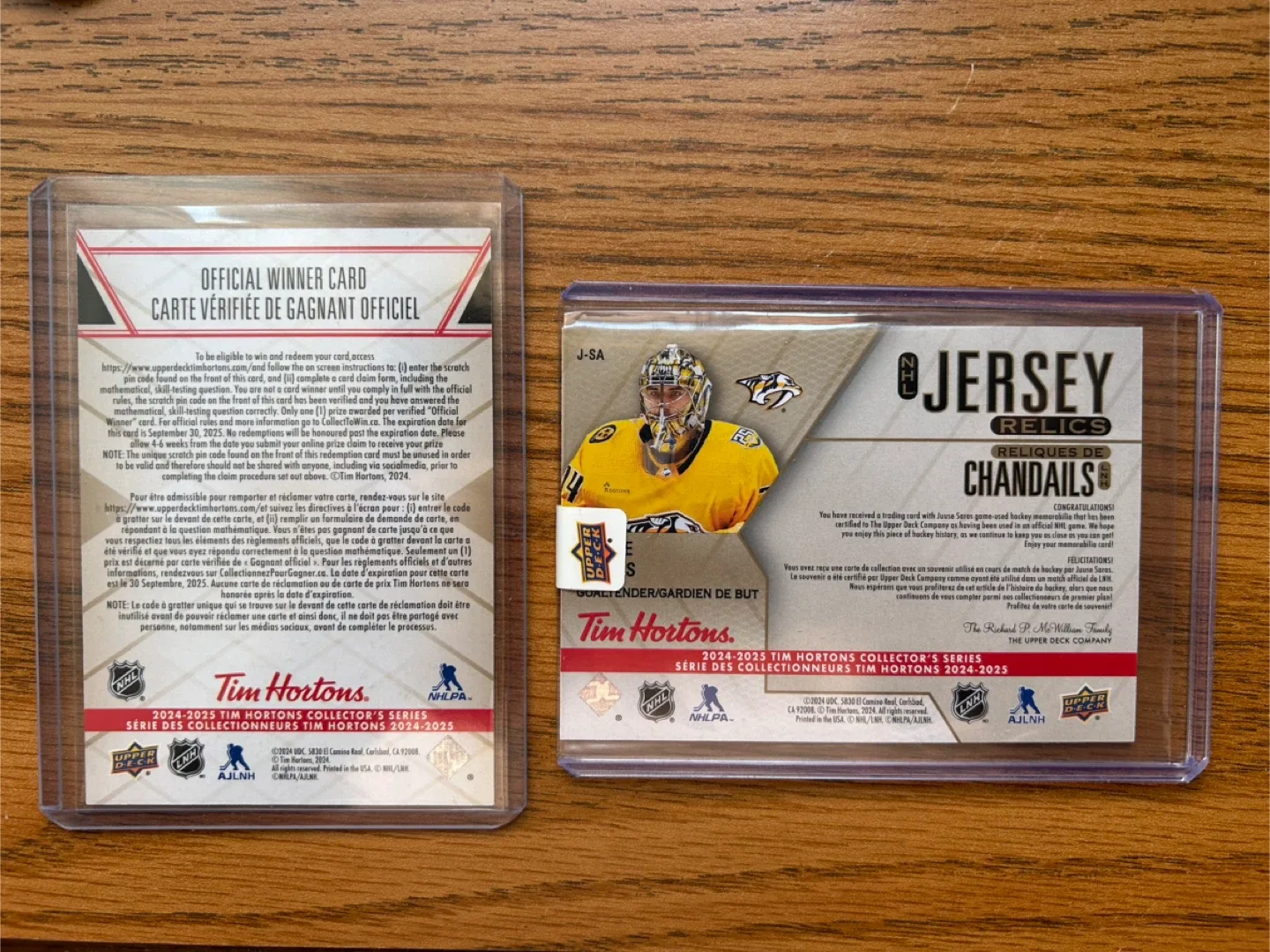 Tim Hortons Juuse Saros Jersey Relic Card image indicator(2)