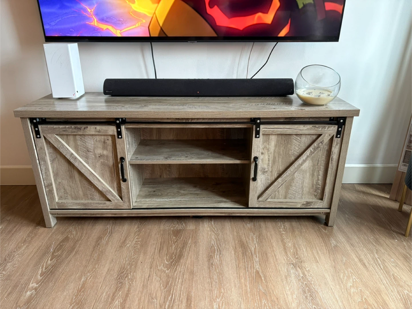 Rustic Wood TV Stand with Sliding Barn Doors