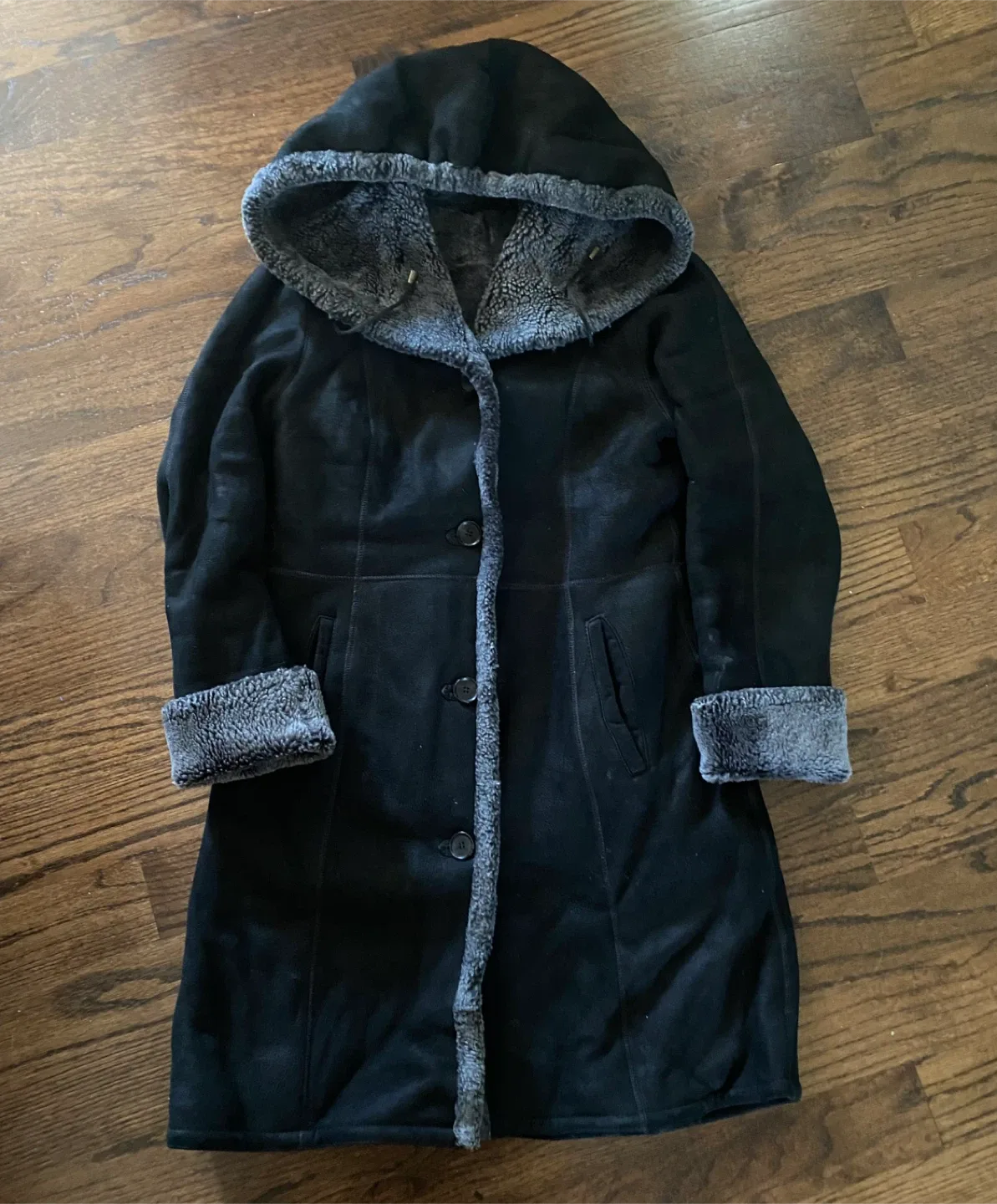 Black Suede & Faux Fur Hooded Coat, Size S image indicator(4)