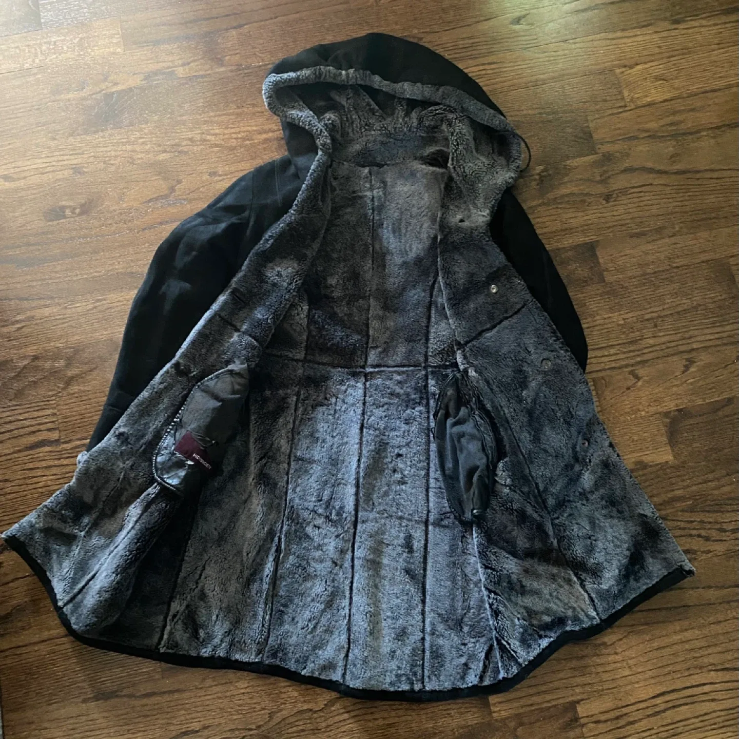 Black Suede & Faux Fur Hooded Coat, Size S image indicator(2)