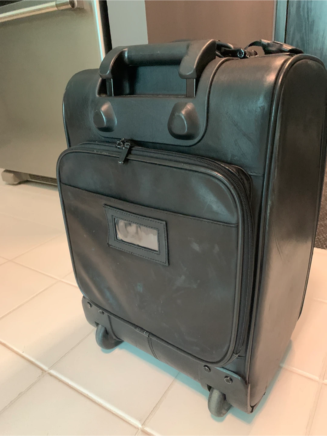 Black Leather Rolling Carry-On Suitcase - photo 2