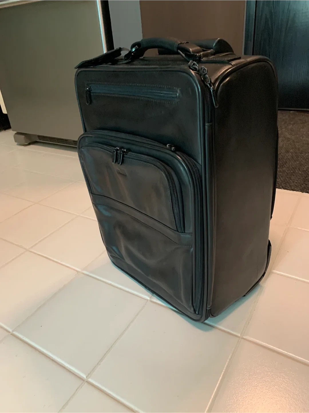 Black Leather Rolling Carry-On Suitcase thumbnail