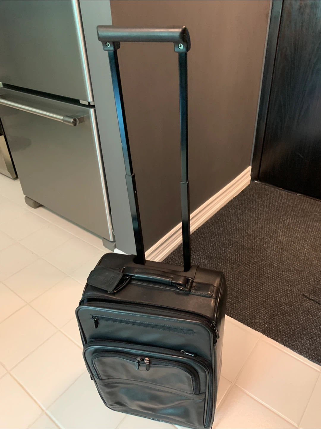 Black Leather Rolling Carry-On Suitcase - photo 5