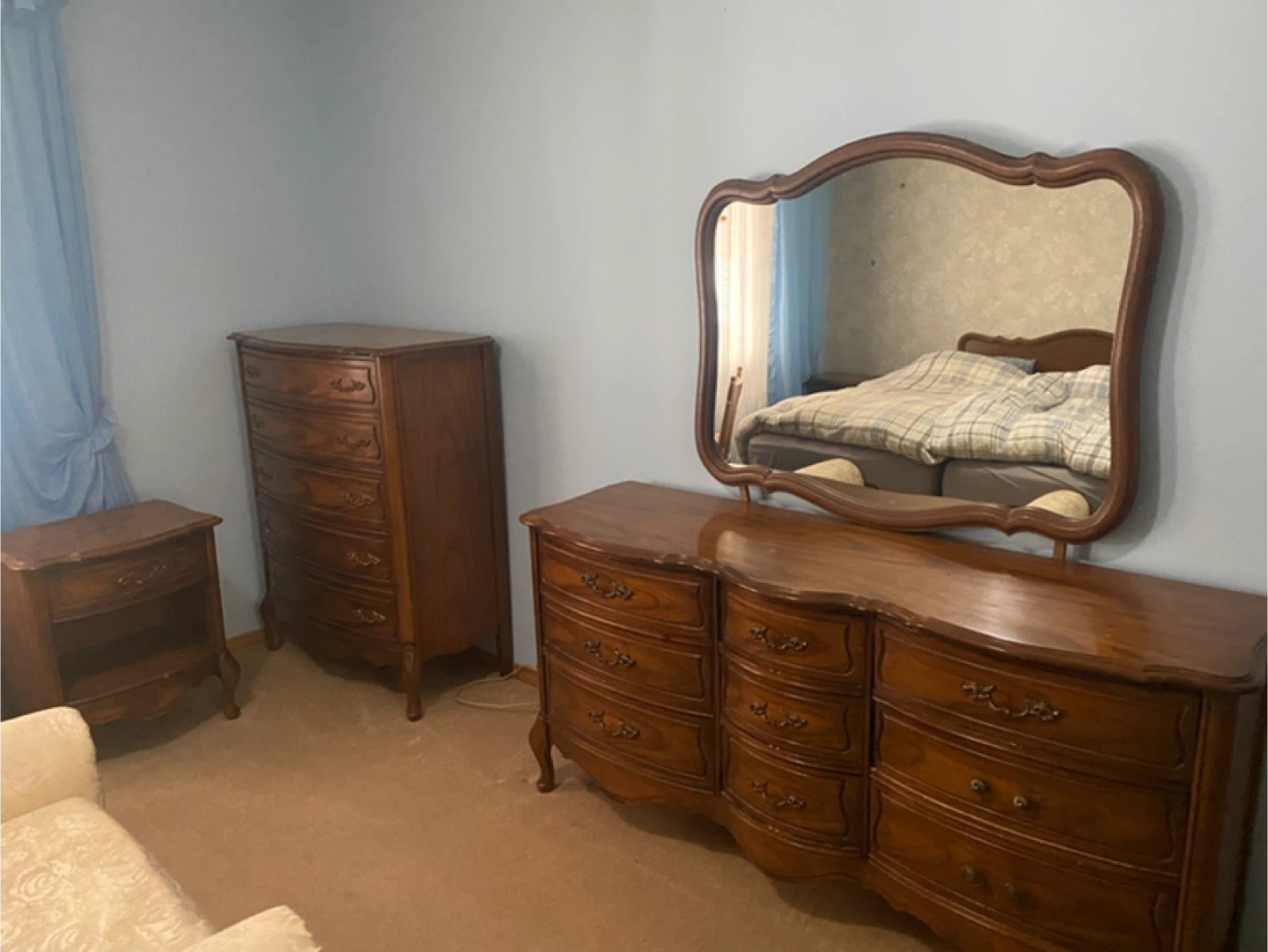 Vintage Wood Bedroom Set - Dresser, Mirror, Chest, Nightstand