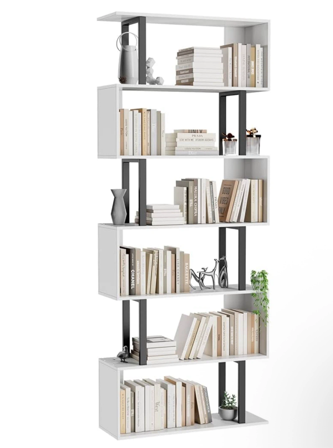 White Bookshelf, 6-Tier Leaning Bookcase