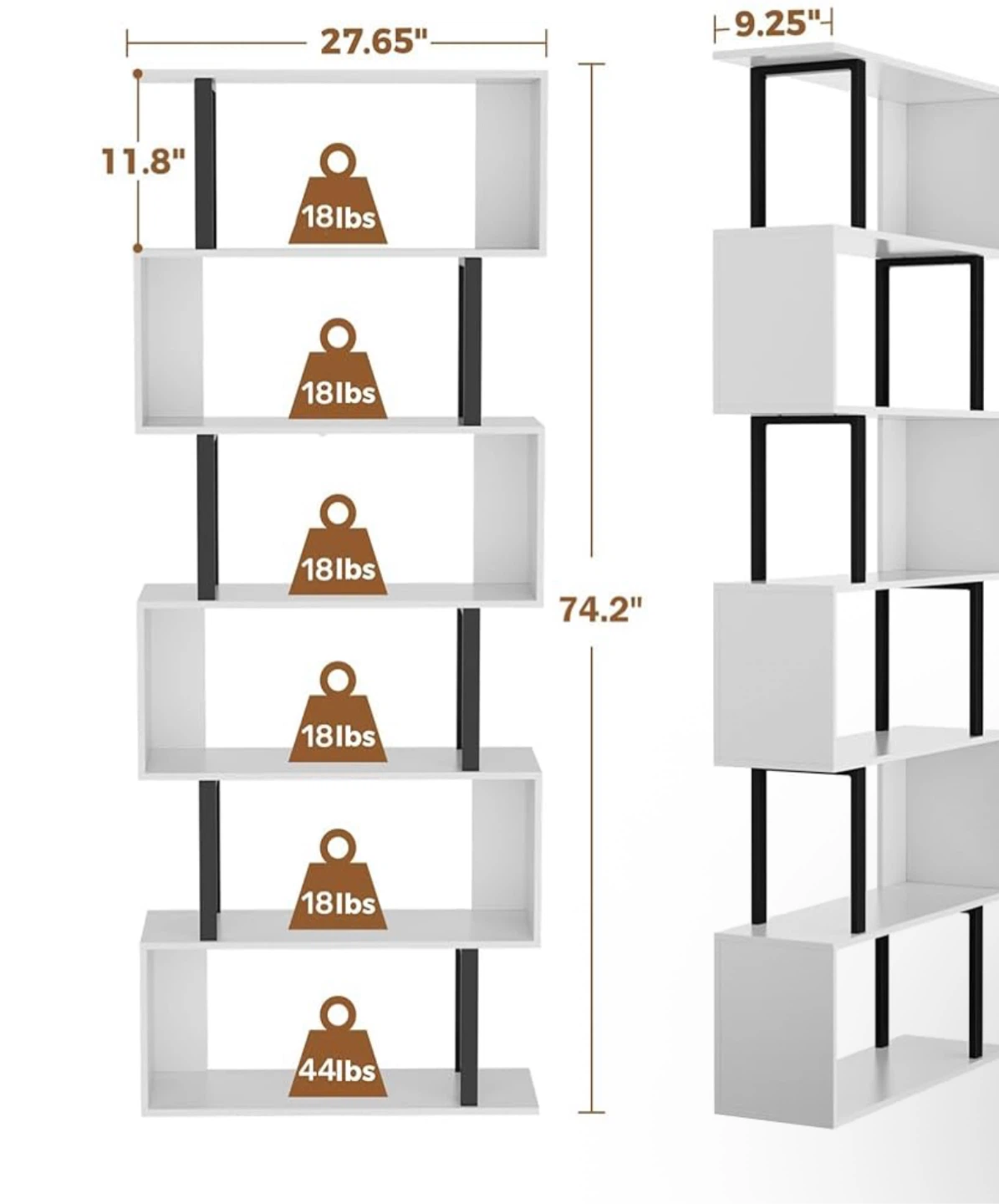 White Bookshelf, 6-Tier Leaning Bookcase - photo 2