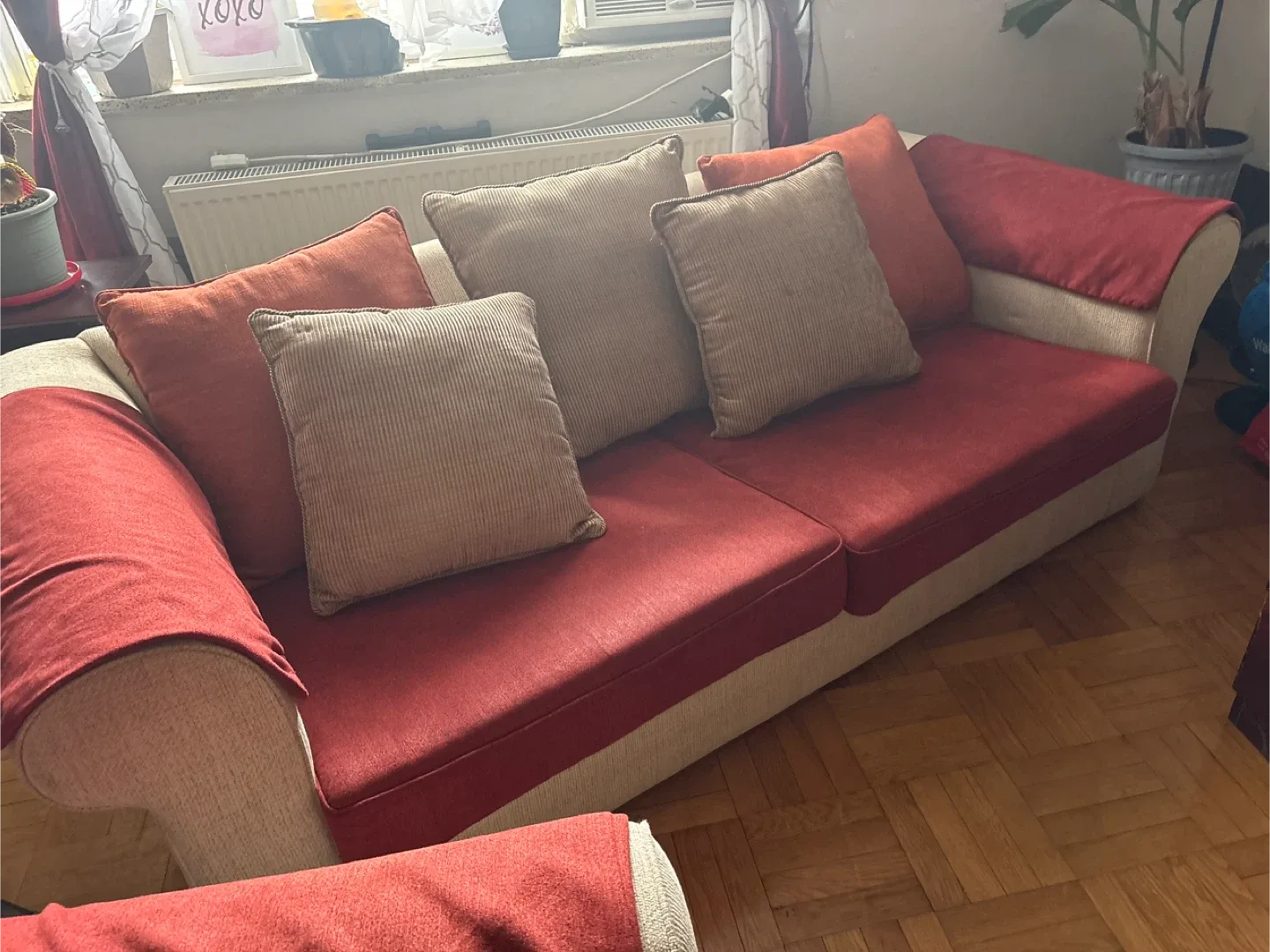 Red & Beige Sofa with Pillows image indicator(3)