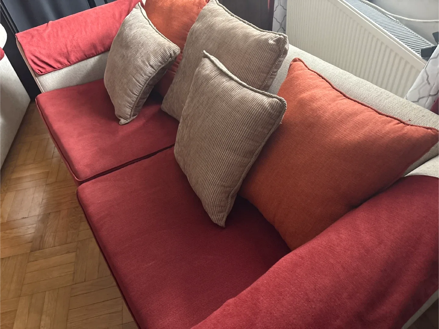 Red & Beige Sofa with Pillows image indicator(2)