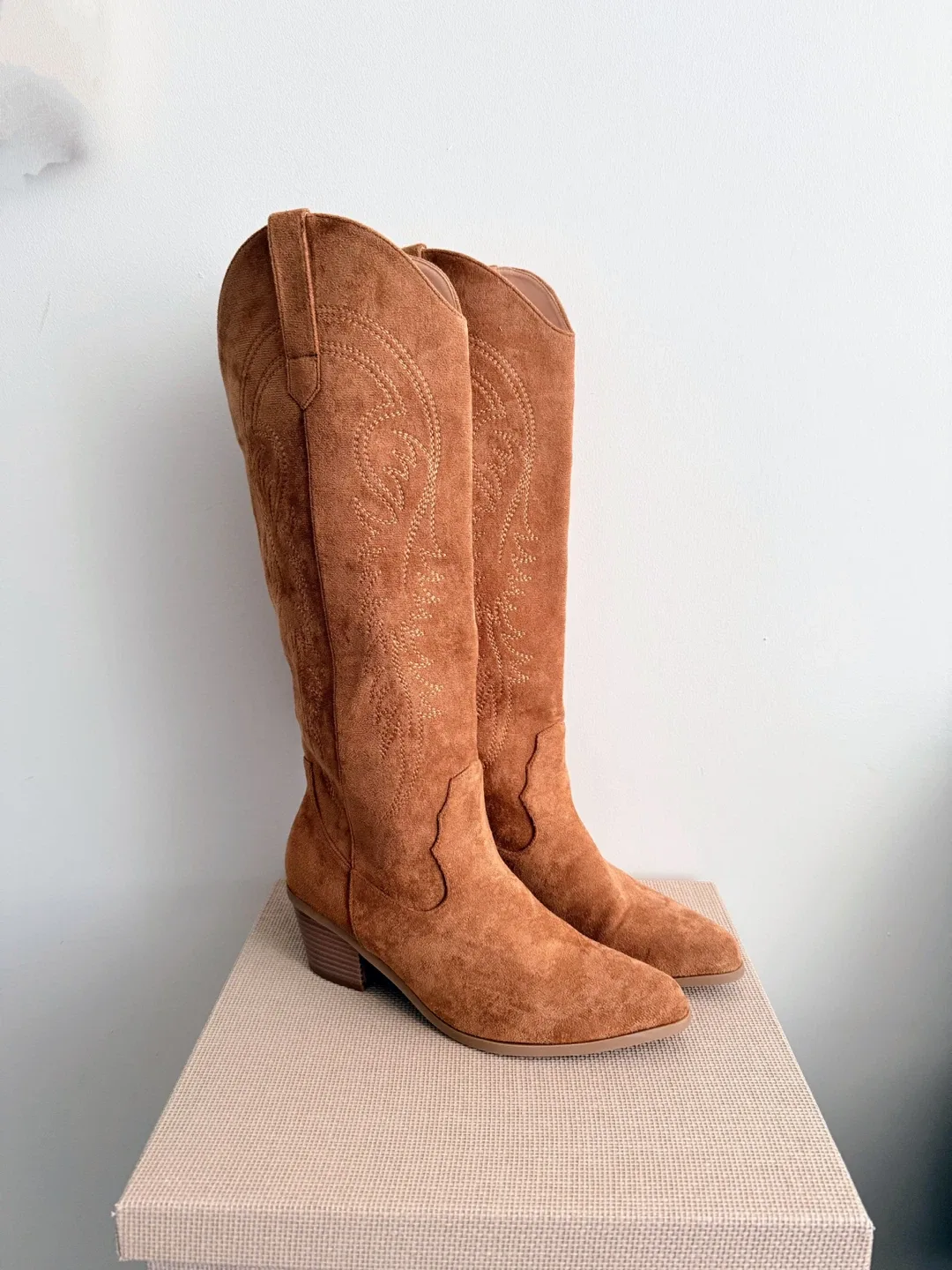Brown Faux Suede Cowboy Boots Size 8 thumbnail