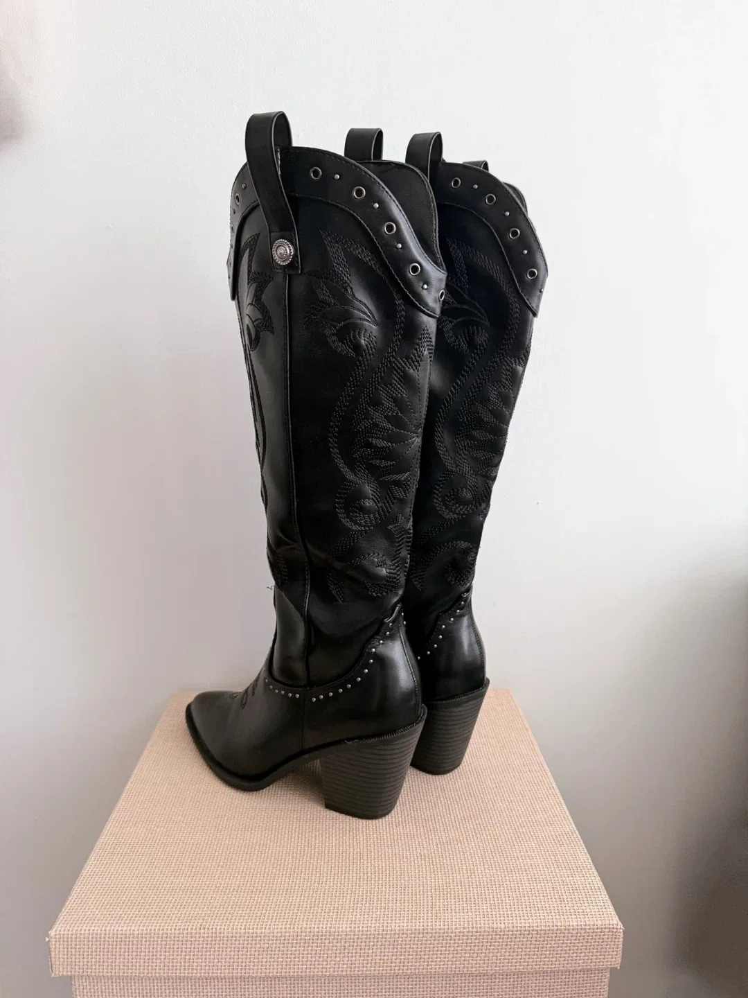 Black Faux Leather Cowboy Boots Size 7 image indicator(2)