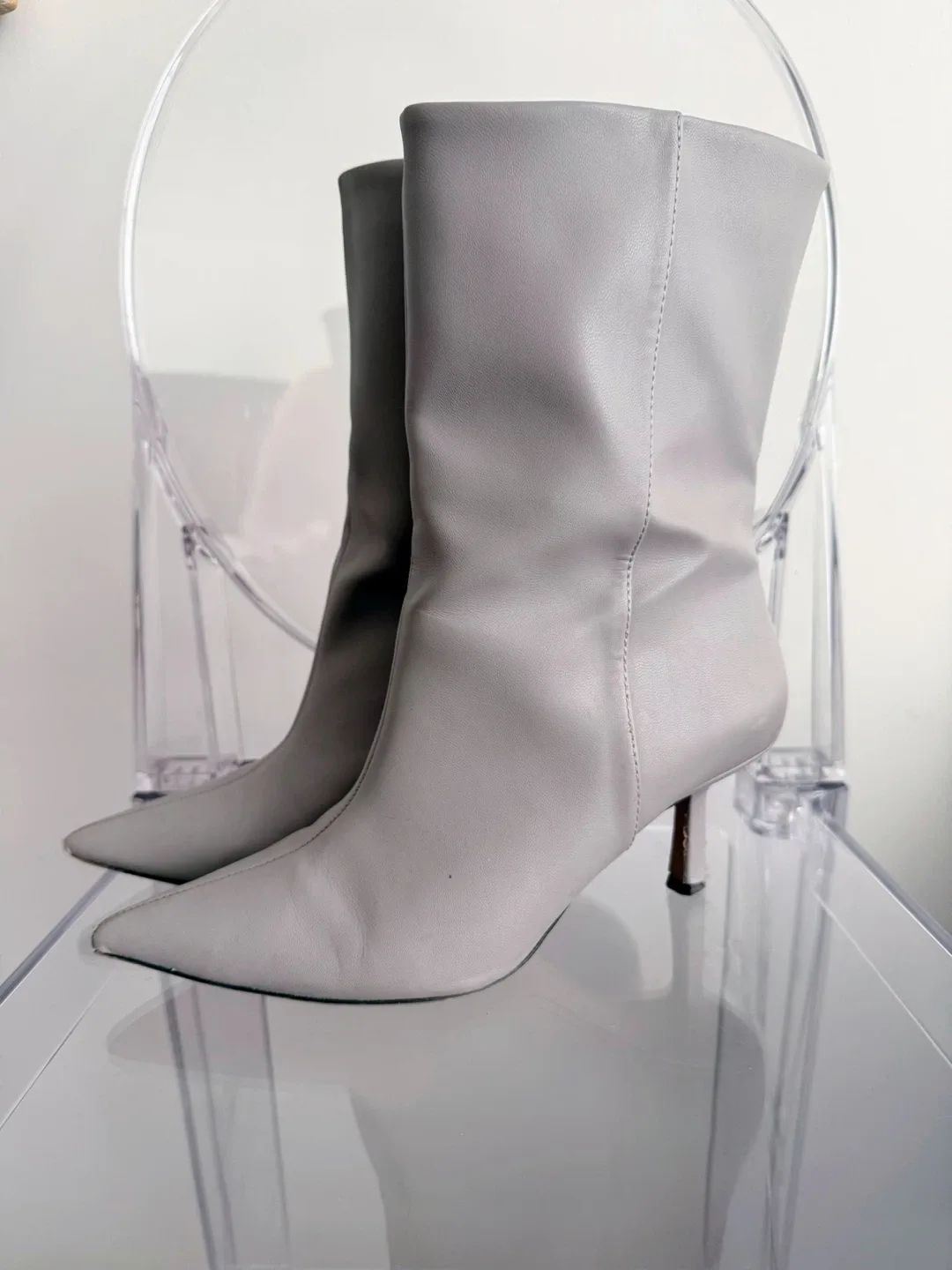 Zara Grey Leather Kitten Heel Boots Size 38 thumbnail
