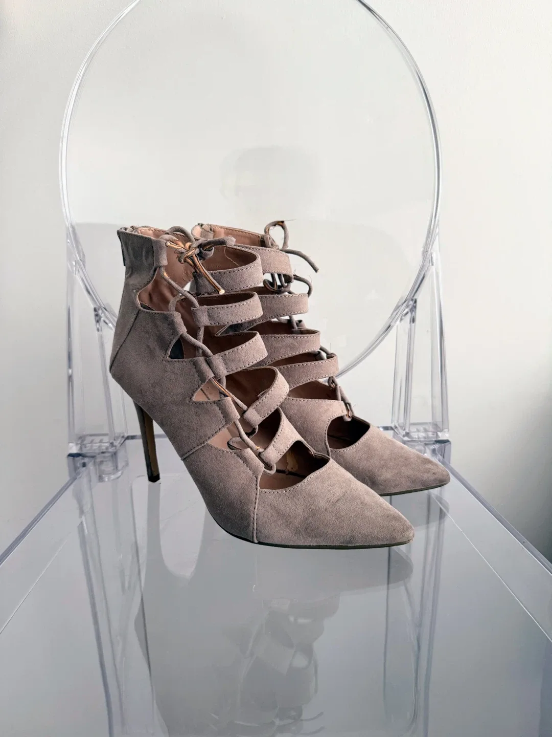 Grey Faux Suede Heels Size 8 thumbnail