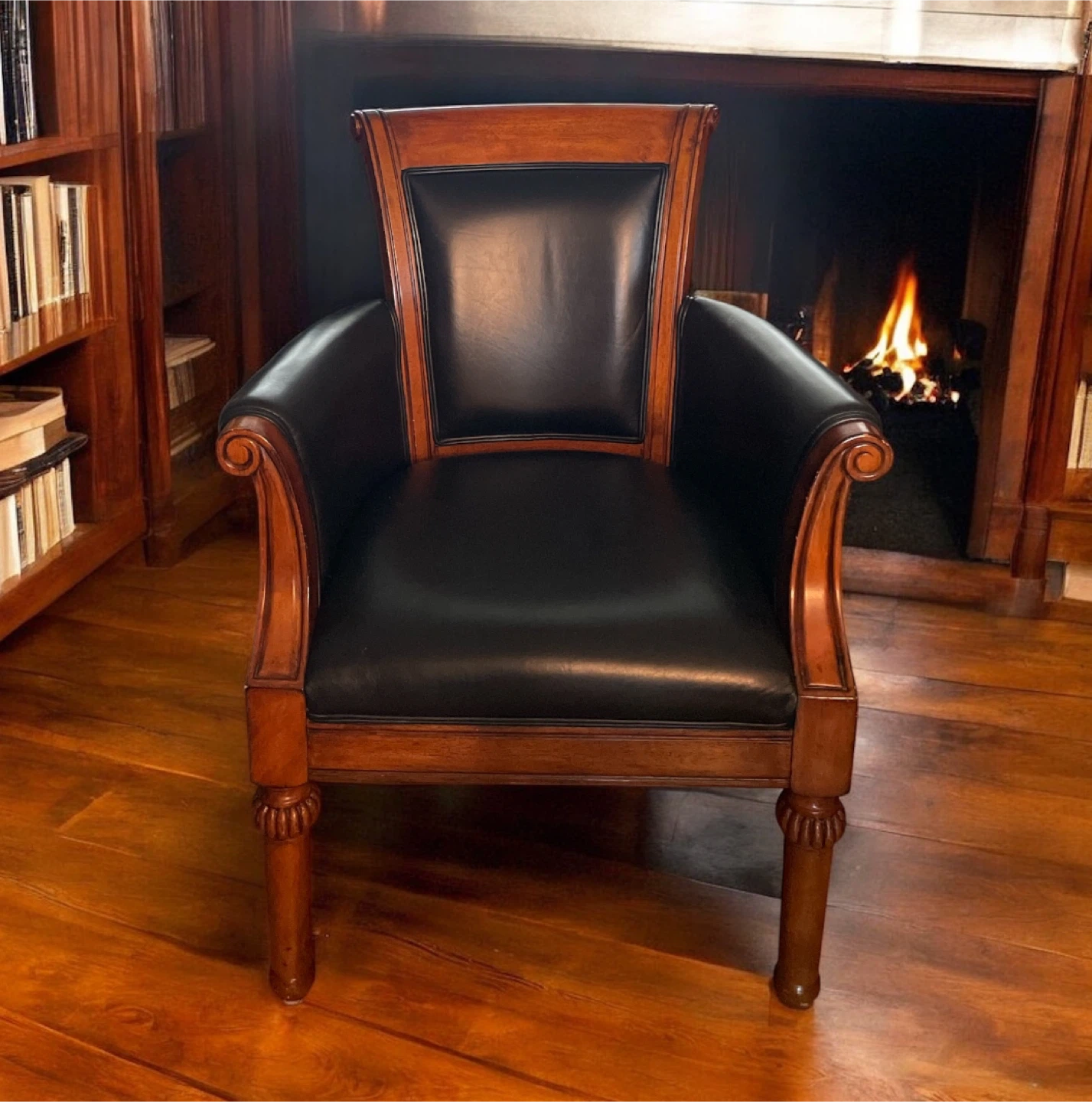 Wood & Black Leather Armchair