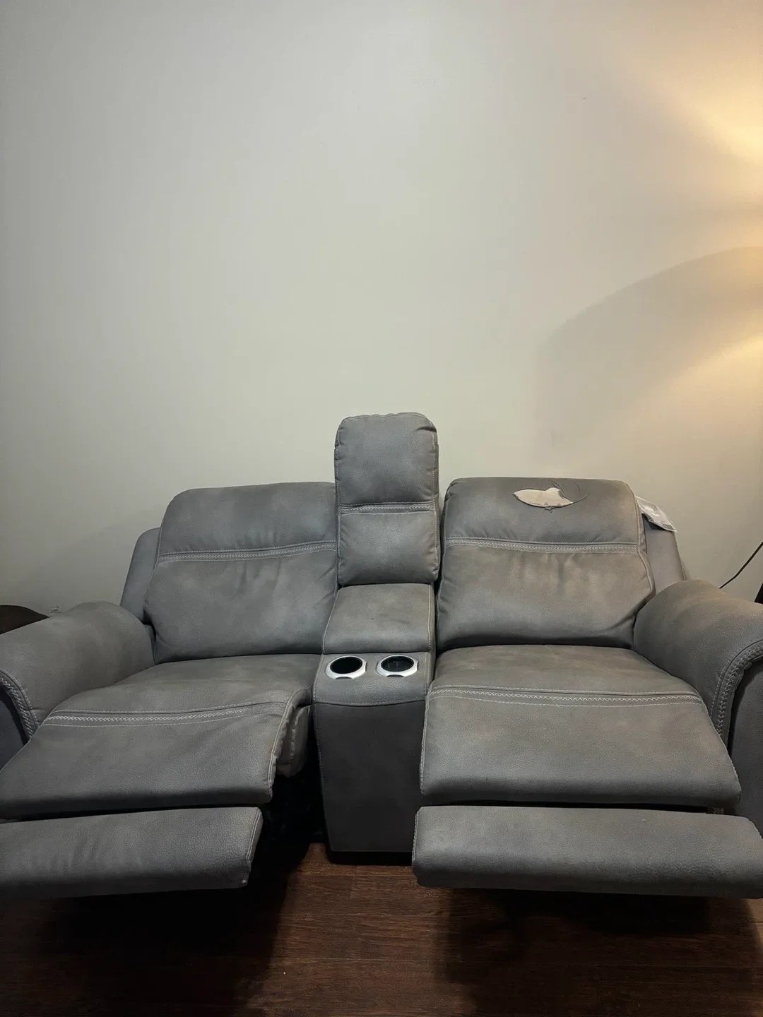 Grey 2-Seat Reclining Loveseat with Console image indicator(3)
