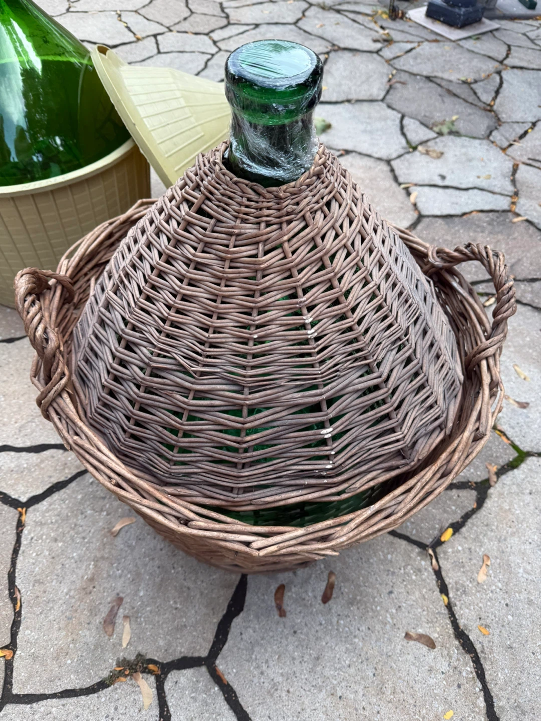 Large Green Glass Demijohn in Wicker Basket - photo 2