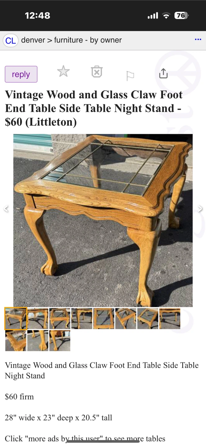 Vintage Wood & Glass Claw Foot End Table - photo 5