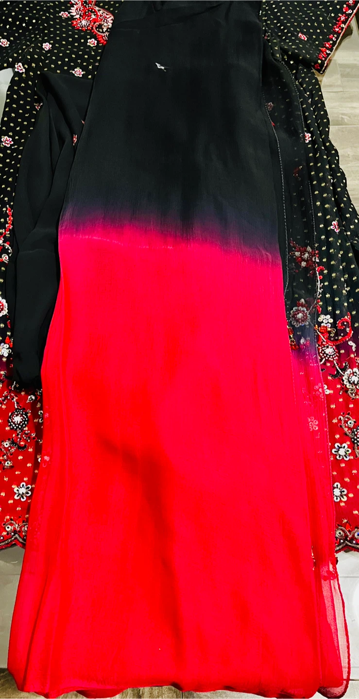 Punjabi Churidar- Floral Embroidered Dress - Black & Red - photo 3