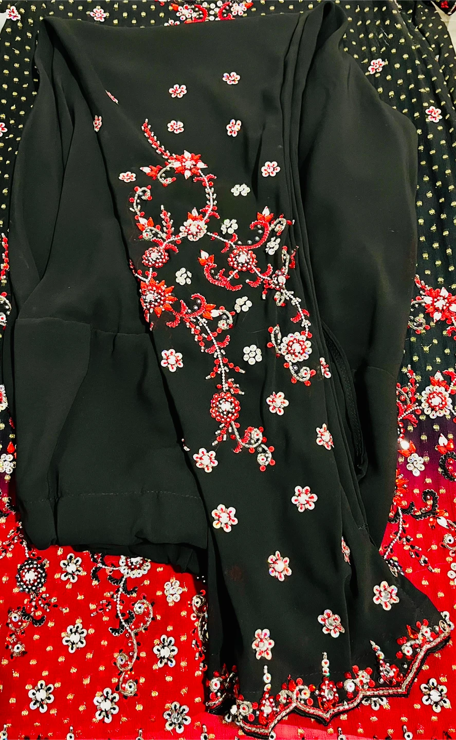 Punjabi Churidar- Floral Embroidered Dress - Black & Red - photo 2