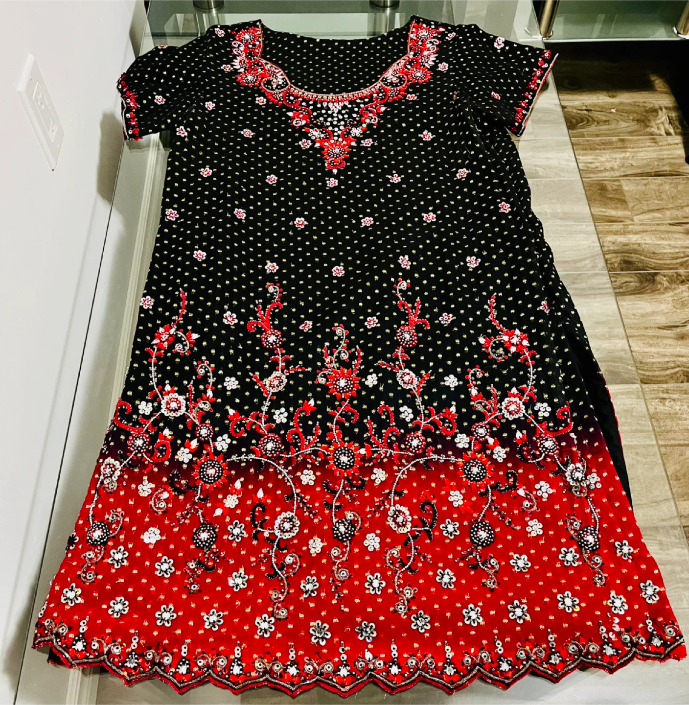 Punjabi Churidar- Floral Embroidered Dress - Black & Red