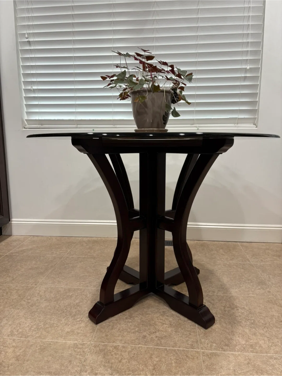 Round Glass Dining Table with Dark Wood Base image indicator(3)