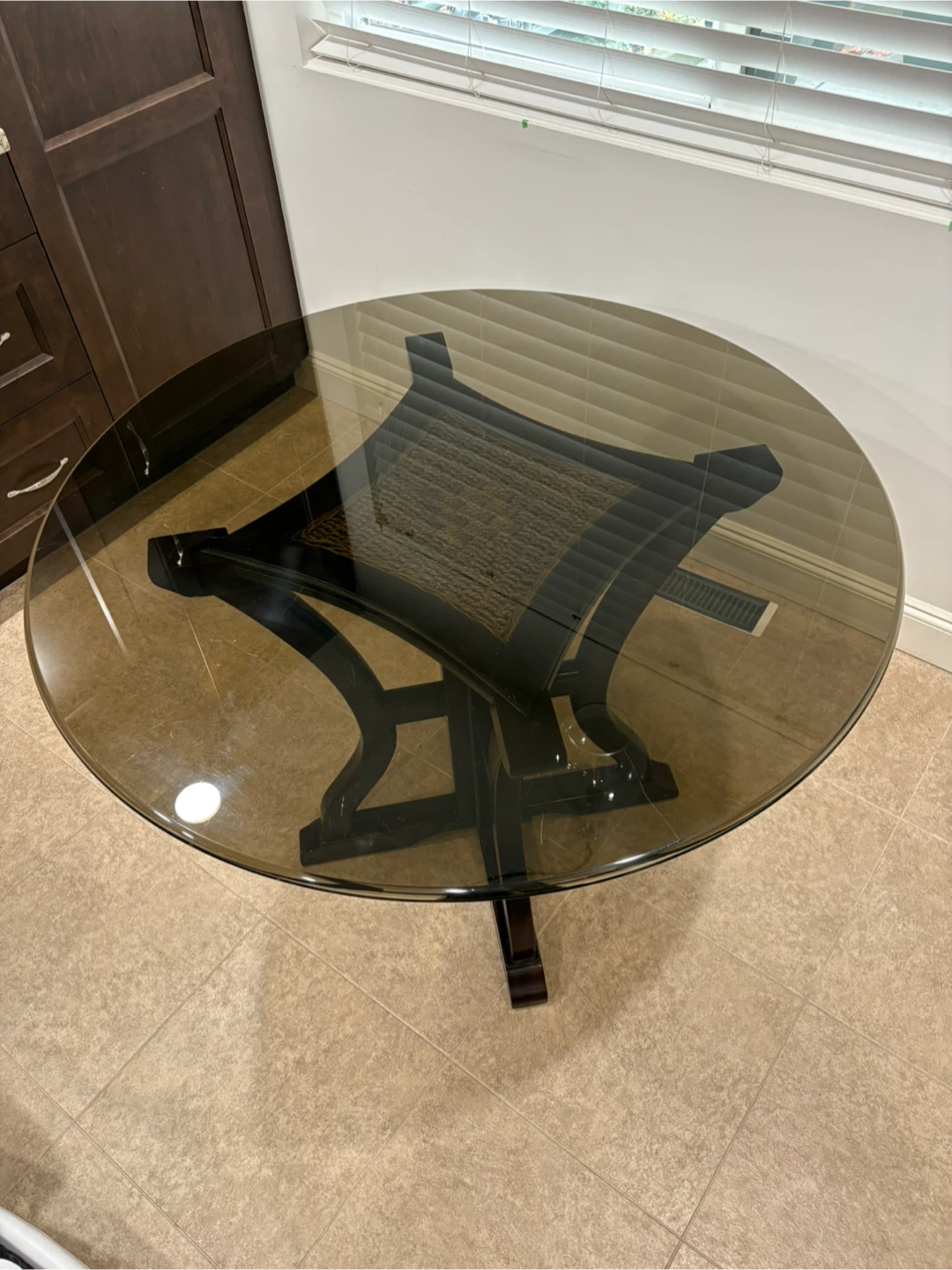 Round Glass Dining Table with Dark Wood Base