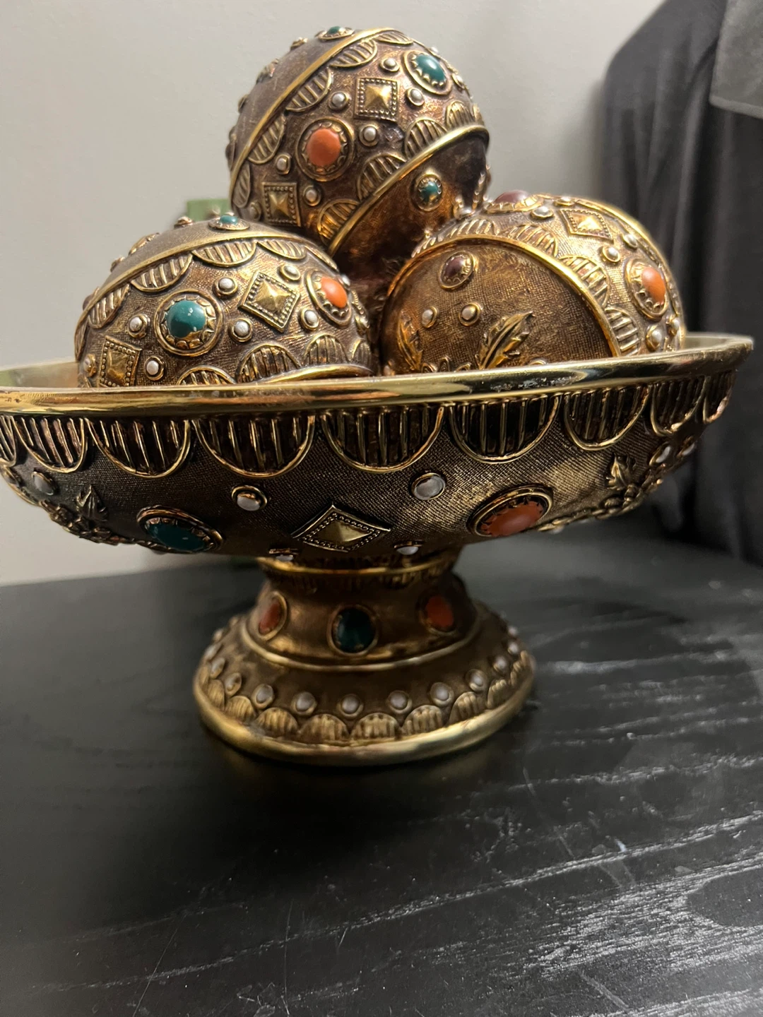 Decorative Gold Bowl with Ornate Orbs