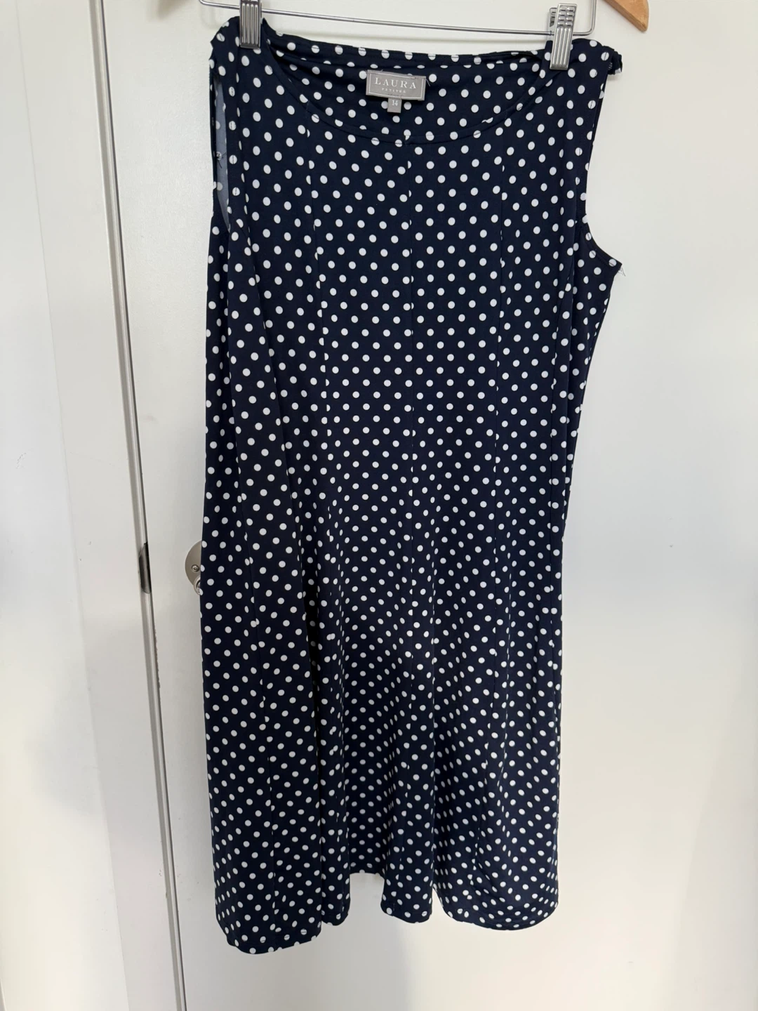Laura Petites Navy Polka Dot Dress - Size 14