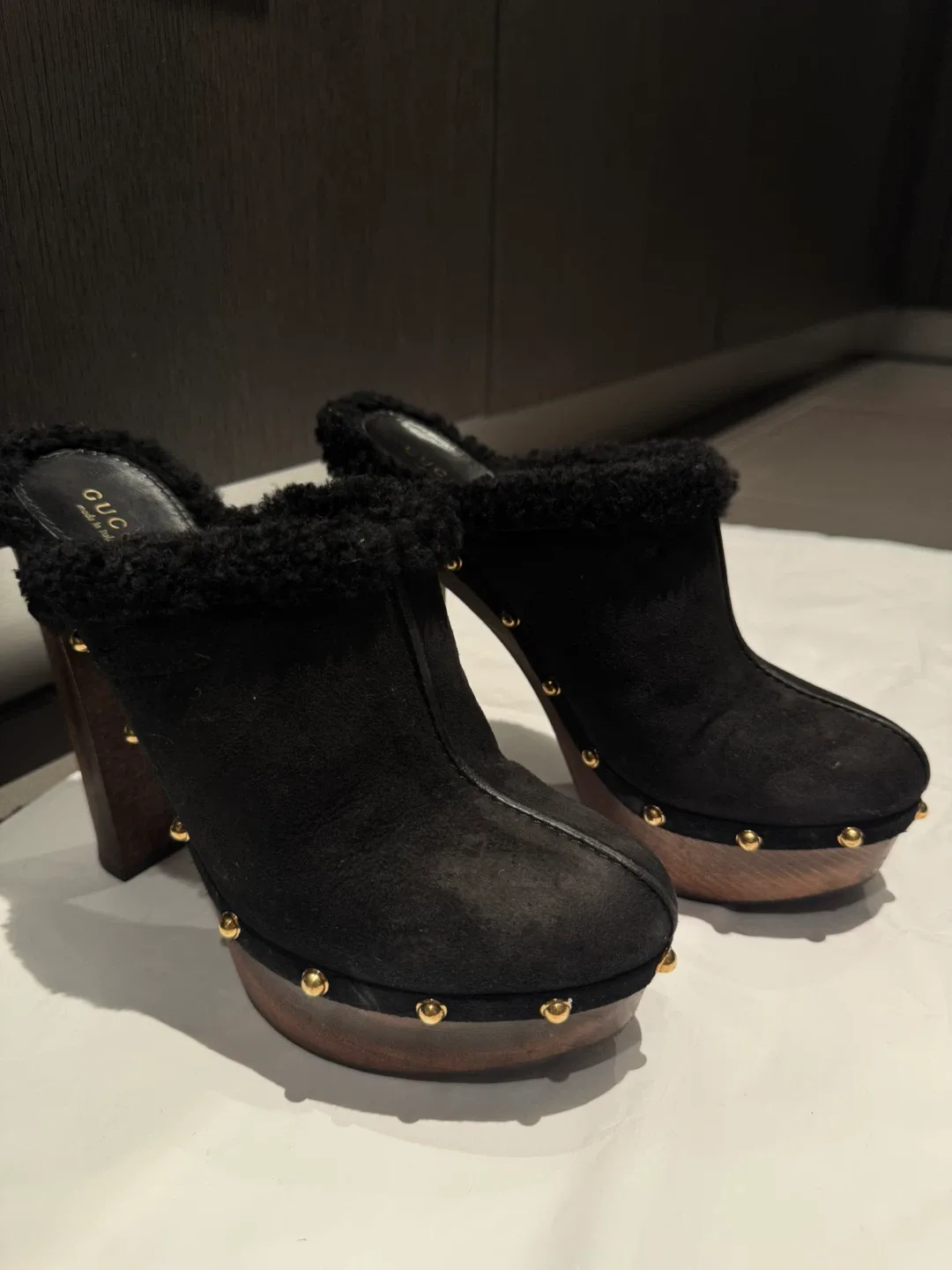 Gucci Black Suede Heeled Clogs