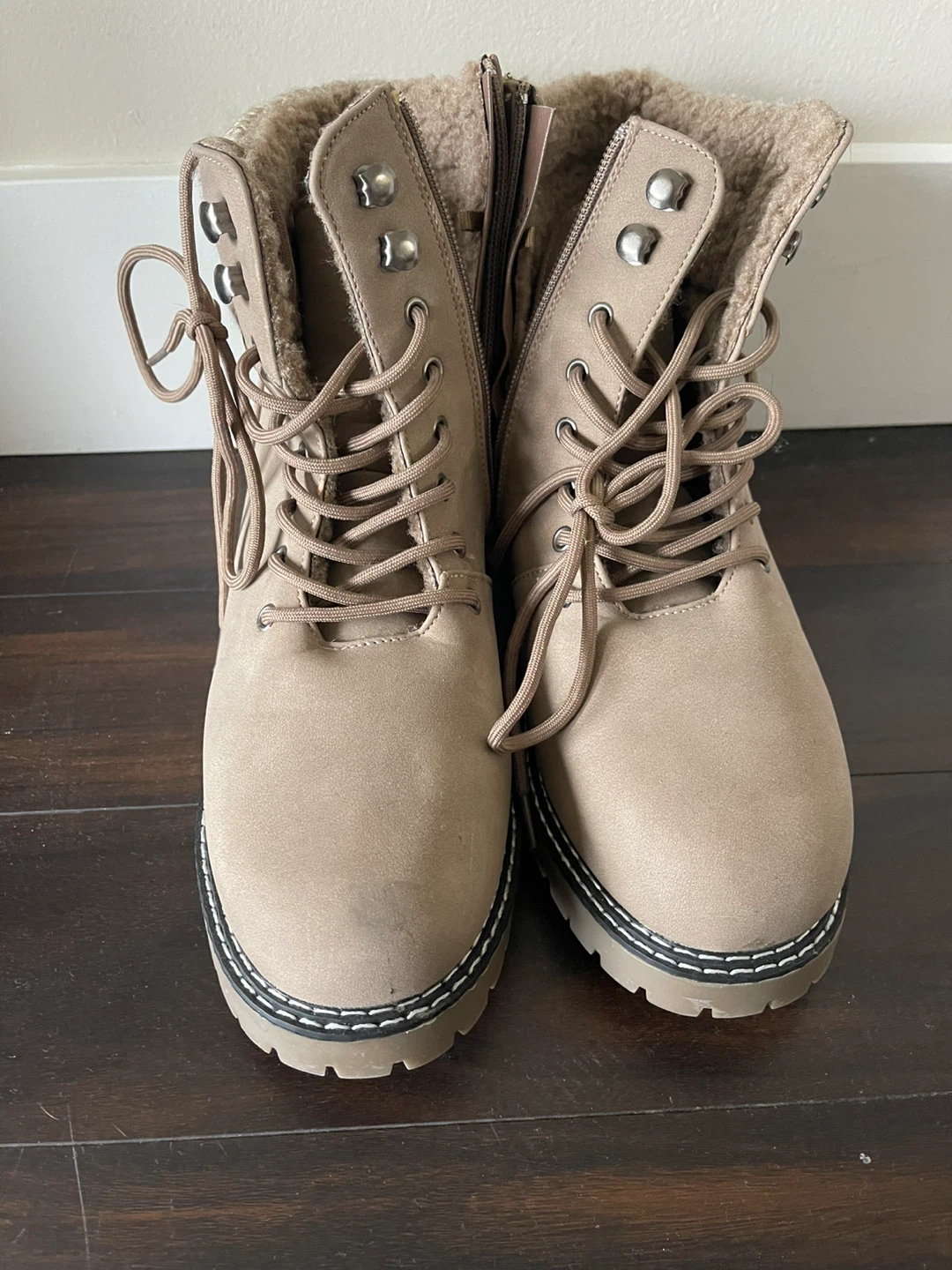 Beige Lace-Up Winter Boots - Size 10