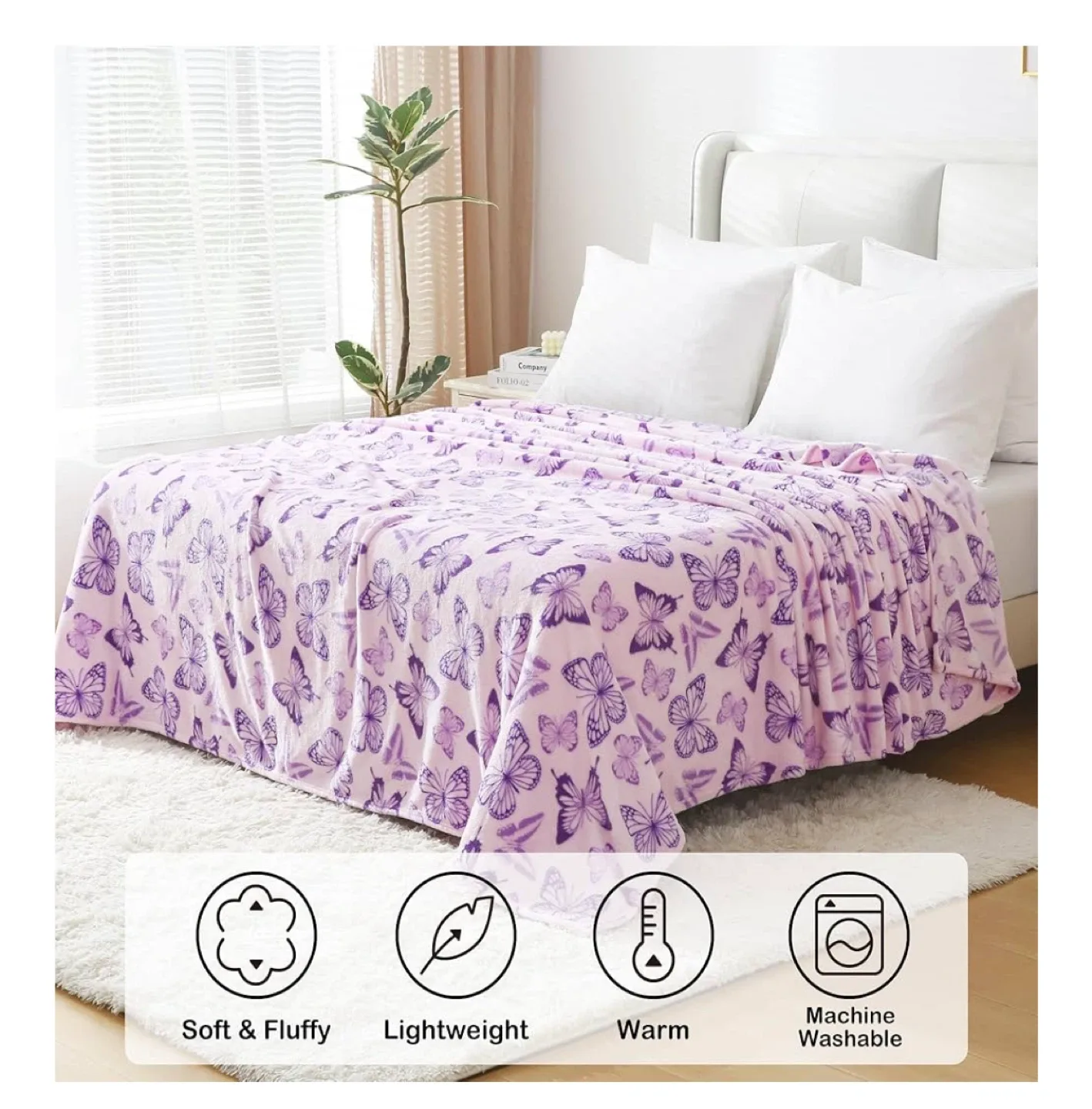 New! Softan Purple Butterfly Print Throw Blanket 50" x 60" image indicator(3)