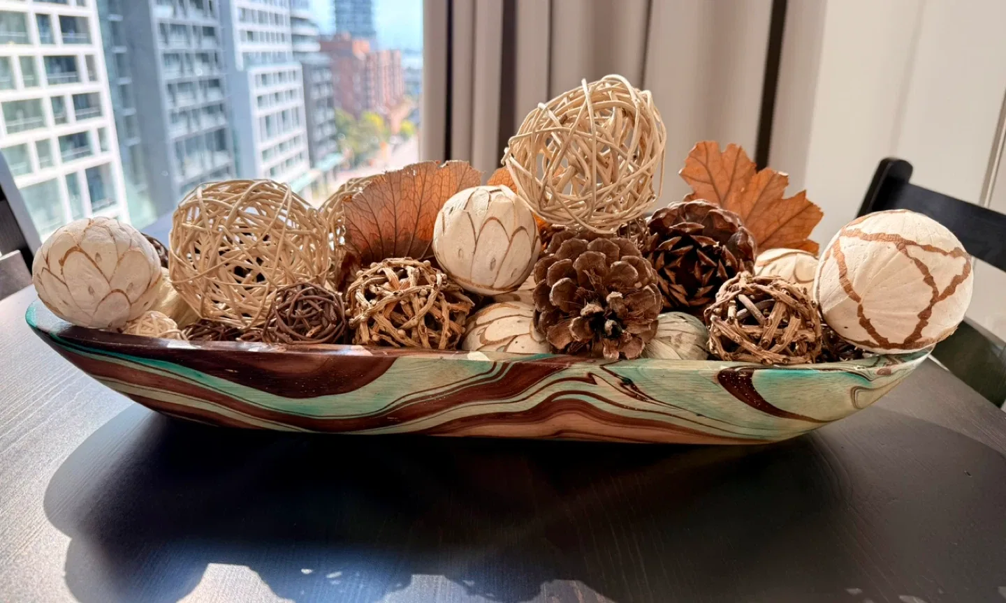 Natural Decorative Bowl with Pinecones and Rattan Balls thumbnail
