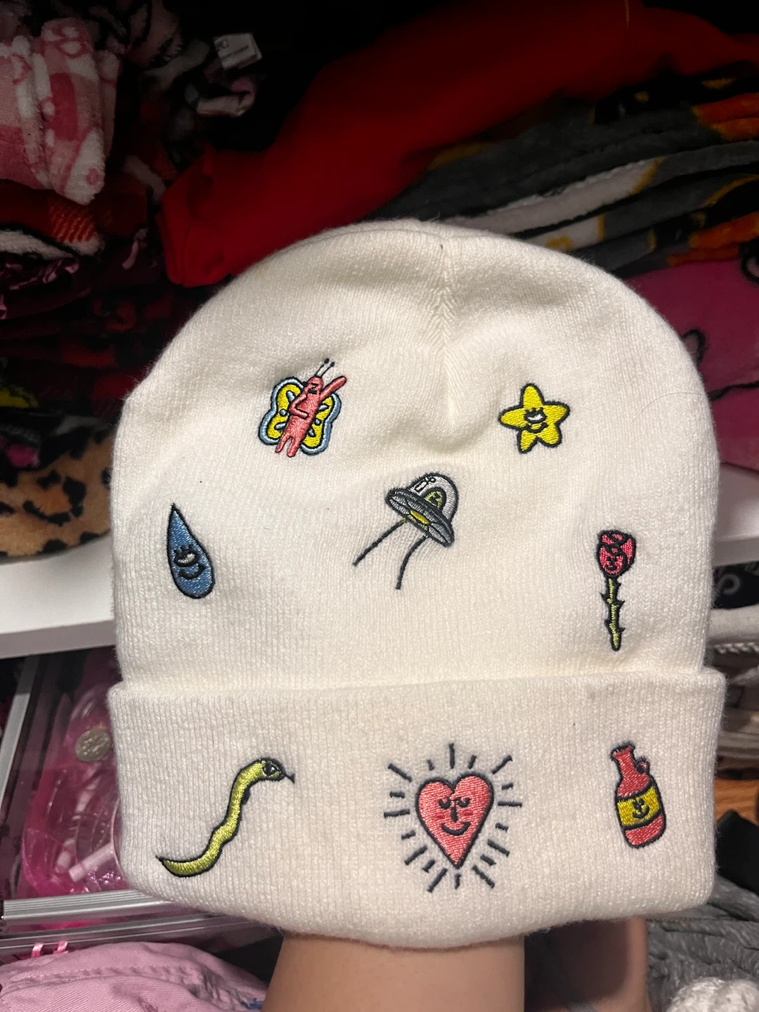White Beanie with Cute Designs