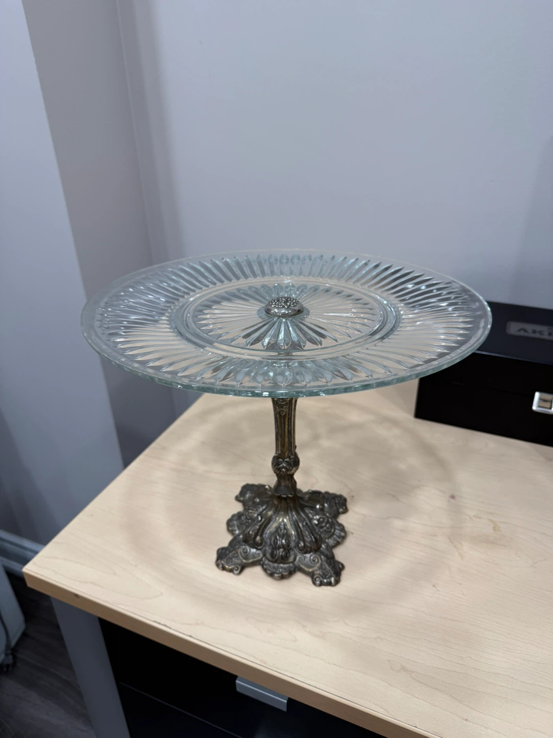 Vintage Glass Cake Stand with Metal Base
